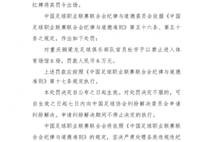 九游-重罚！中足联官方：铜梁龙官员杜宇辱骂裁判染红，禁赛6场罚款6万